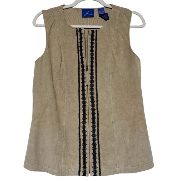 Vintage Jackets & Blazers - Vtg Tan Suede Leather Knit Vest Size S Boho Western Festival Rodeo Cowgirl Fall